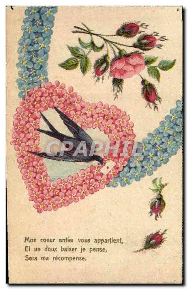 Vogel in einem Herzen aus Blumen — Karte postale — Serie 574 - Vorderseite