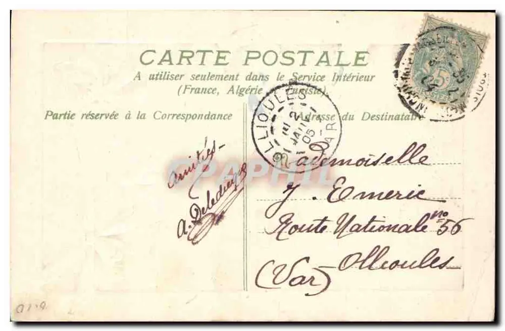 Flores — violetas e salgueiros — carta postal francesa - Verso