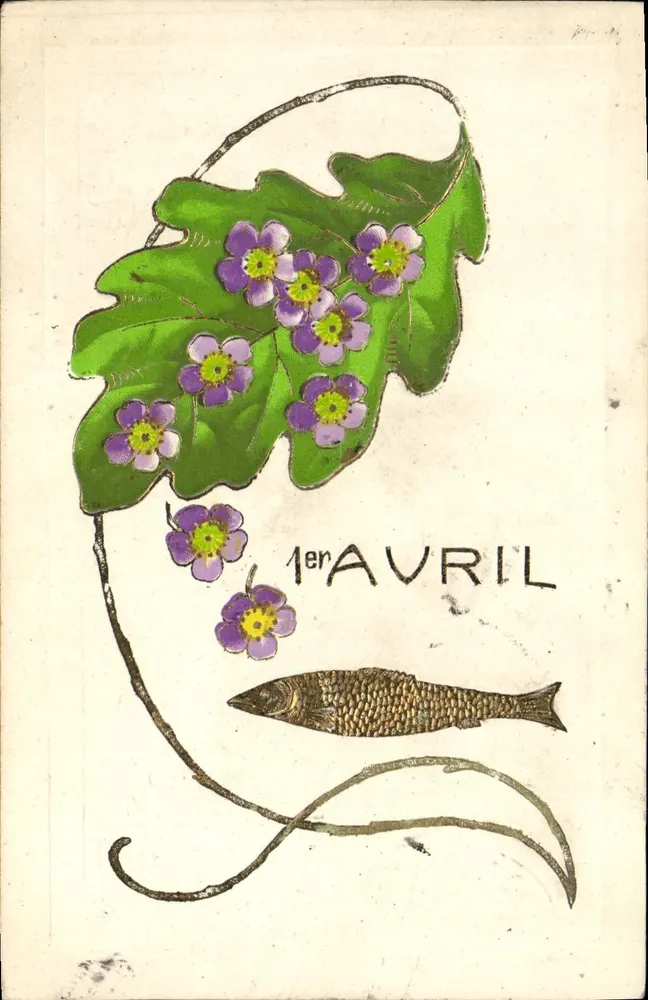 1. APRIL — Tag des Fischens — Illustrierte Karteikarte - Vorderseite