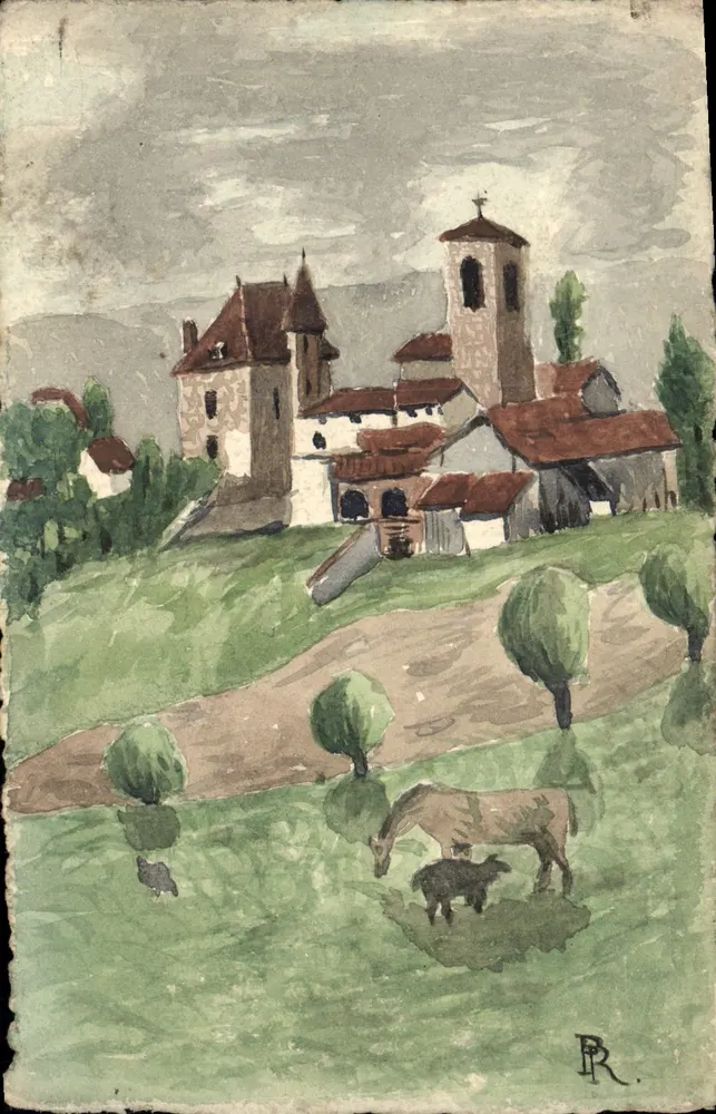 Ansicht von Peciny (Peciny) — Dorf mit Kirche und Tieren — signiert PR - Vorderseite