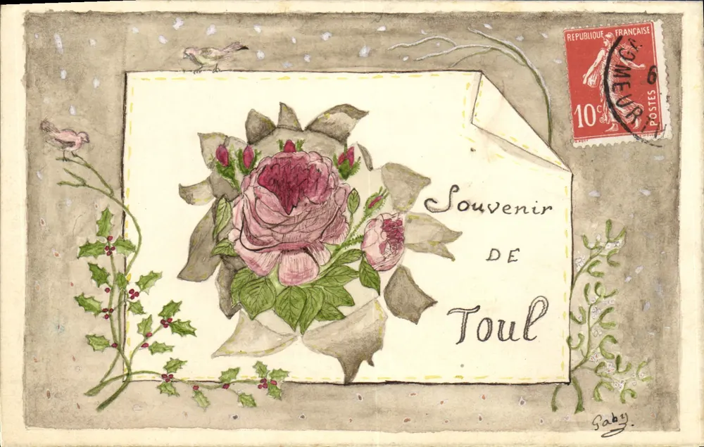 Erinnerung an Toul — Zeichnung von Blumen und Vögeln — signiert Baby - Vorderseite