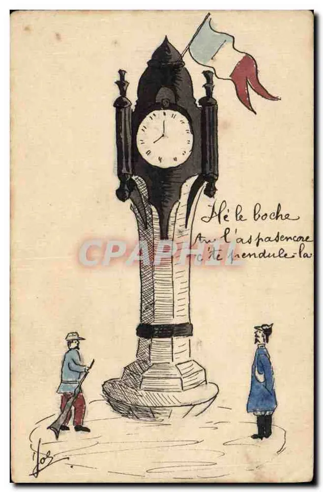 Uhr der Station — militärische Karikatur — gezeichnet von J. O. - Vorderseite