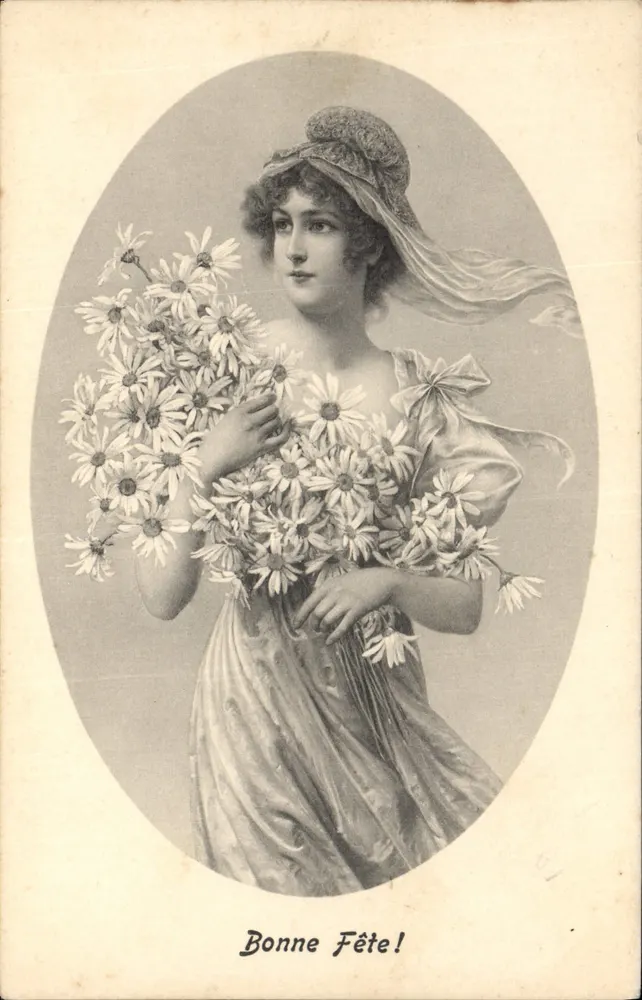 Frau mit einem Strauß Margeriten — Frohe Geburtstagskarte! — M. M. Vienne, n° 530 - Vorderseite