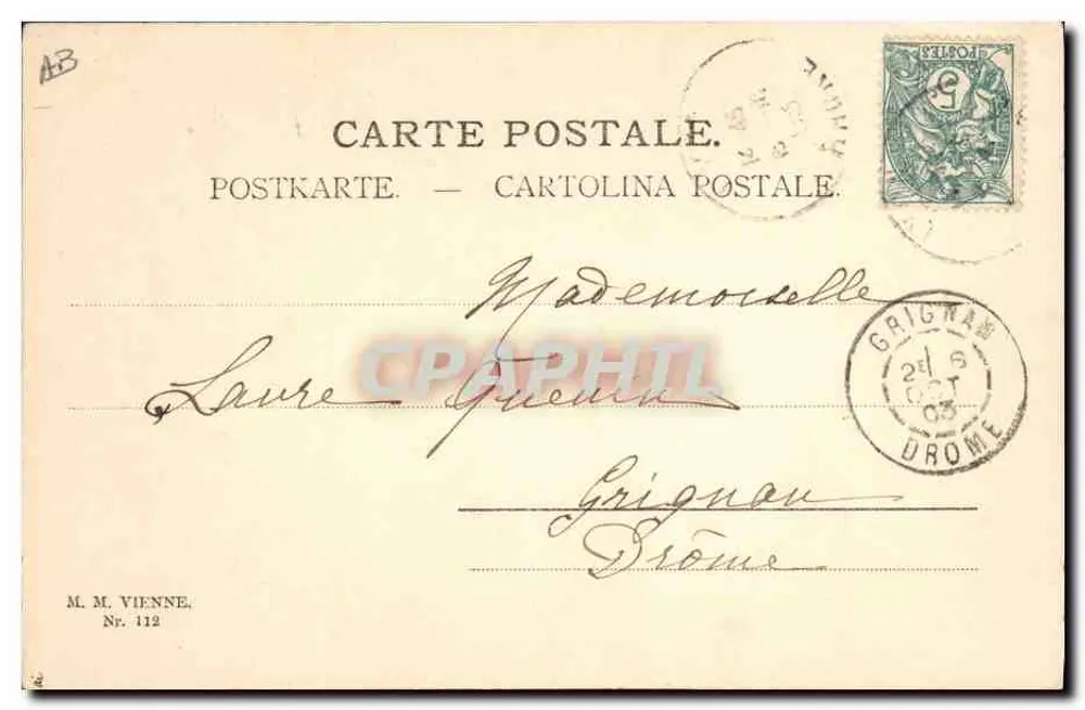 Frau mit Hut mit Federzier — Verleger M.M. VIENNE, Nr. 112 - Rückseite