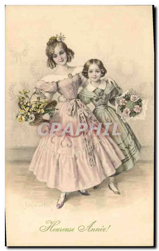 Duas jovens moças em vestidos de estilo vitoriano — 'Heureuse Année!' — editor M. Servant, n° 342 - Frente