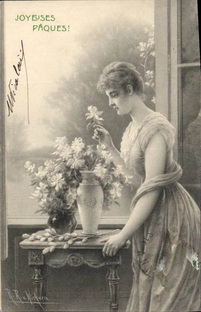 Frau, die Blumen bewundert — Frohe Ostern! — R. R. v. Hiberà, n° 369 - Vorderseite