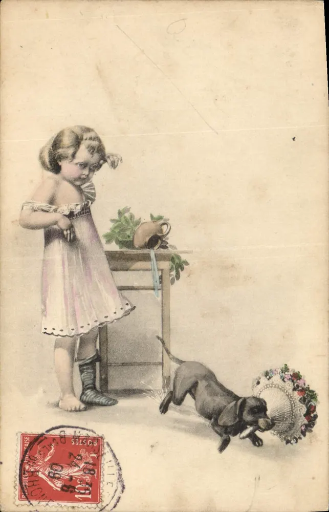 Kleine Mädchen und Hund, die mit einem Hut spielen — unbekannter Verleger - Vorderseite