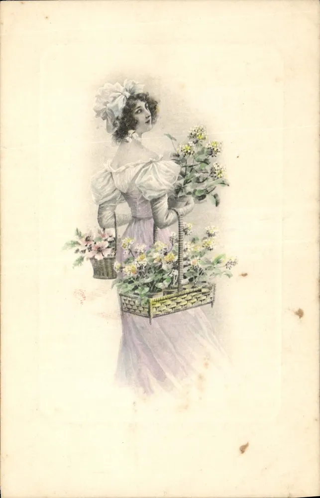 Frau in einem Lilakleid mit Blumenkörben — Verleger M. M. Vienne, Nr. 276 - Vorderseite