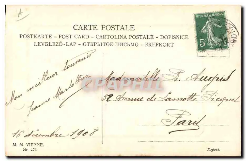 Frau in einem Lilakleid mit Blumenkörben — Verleger M. M. Vienne, Nr. 276 - Rückseite