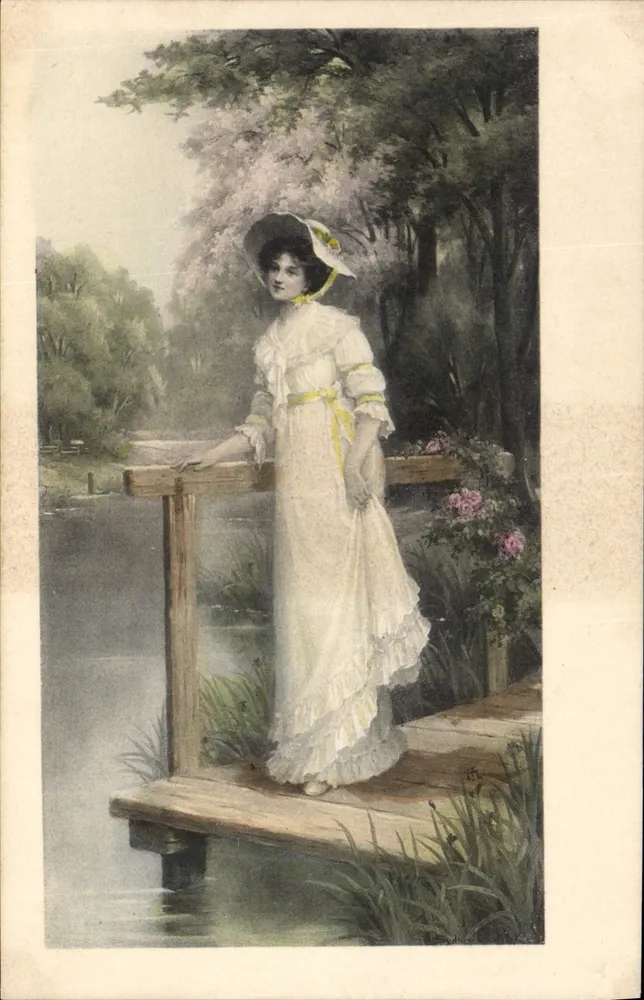 Frau in weißem Kleid auf einem Steg — M. M. VIENNE, Nr. 275 - Vorderseite