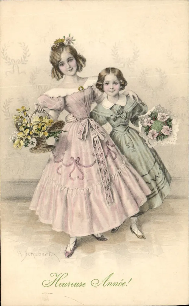 Duas jovens moças em vestidos de estilo vitoriano — A. Schubert — M. M. Vienne, n° 342 - Frente