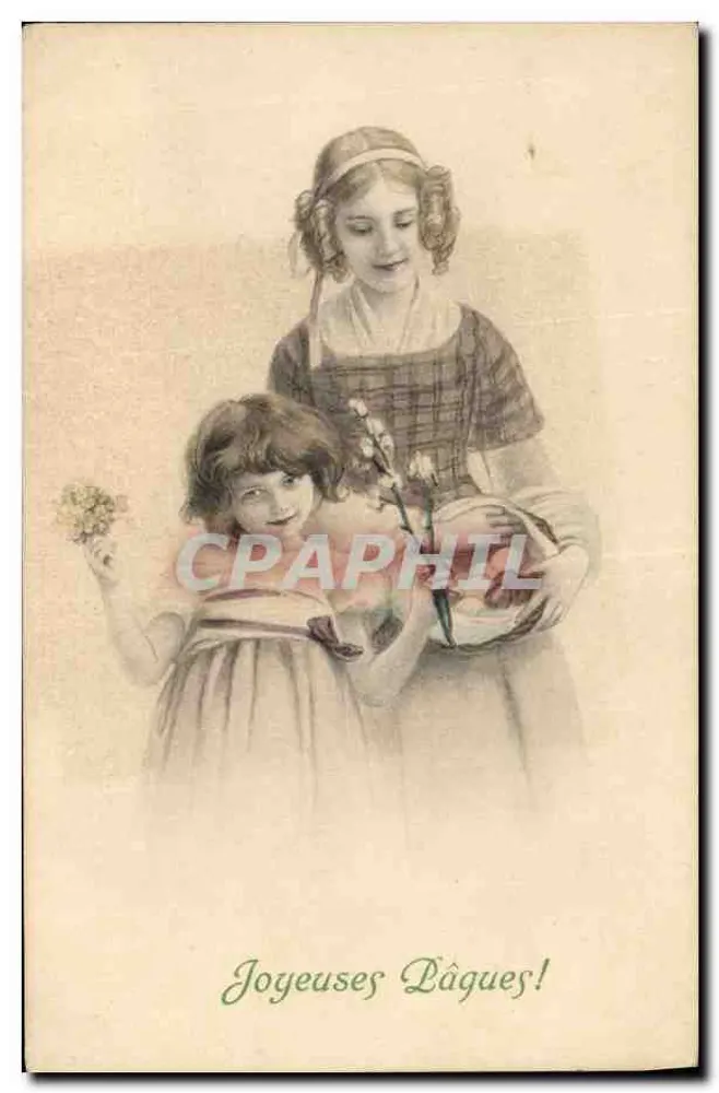 Zwei junge Mädchen mit Blumen — Frohe Ostern! — M. M. Vienne, Nr. 350 - Vorderseite