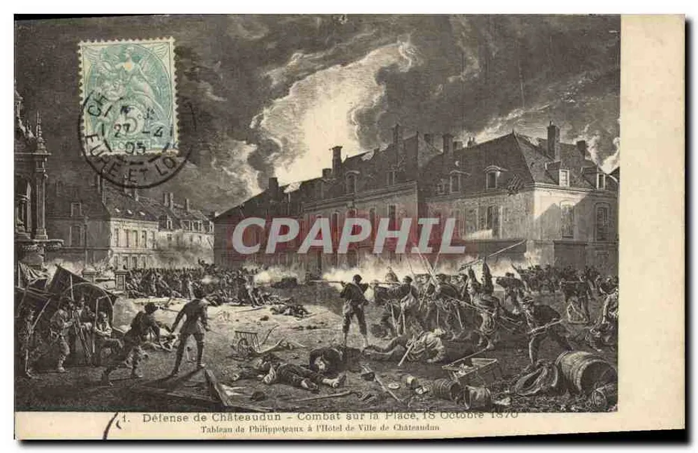 Verteidigung von Châteaudun - Schlacht auf dem Platz, 15. Oktober 1870 — Gemälde von Philippeaux im Rathaus von Châteaudun - Vorderseite