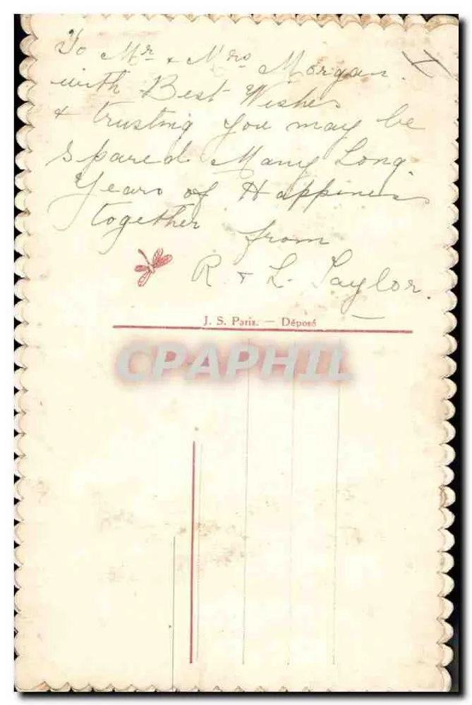 Carte de vœux brodée — Bonne Fête — J. S. Paris — Déposé - Verso