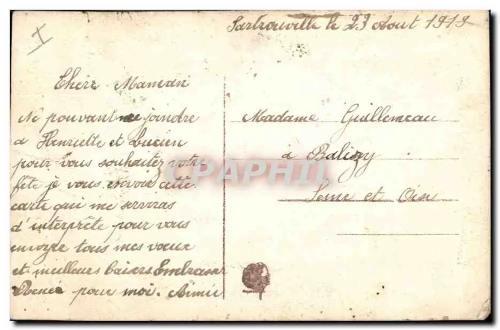 Carta de vœux bordada — Boa Festa — Parthourville, 23 de agosto de 1919 - Verso