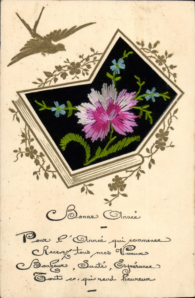 Cartolina di auguri con motivo ricamato — Nancy, 1925 — editore non visibile - Recto