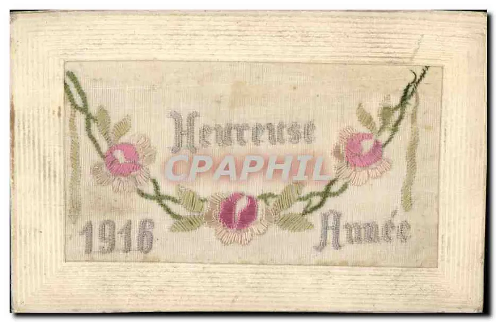 Feliz Ano 1916 — carta postal bordada — editor não visível - Frente