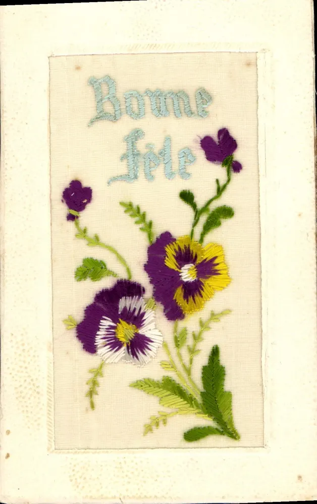 Fiori ricamati — Buon compleanno — Fabbricazione B.L. Rue Gournos, La Salange - Recto
