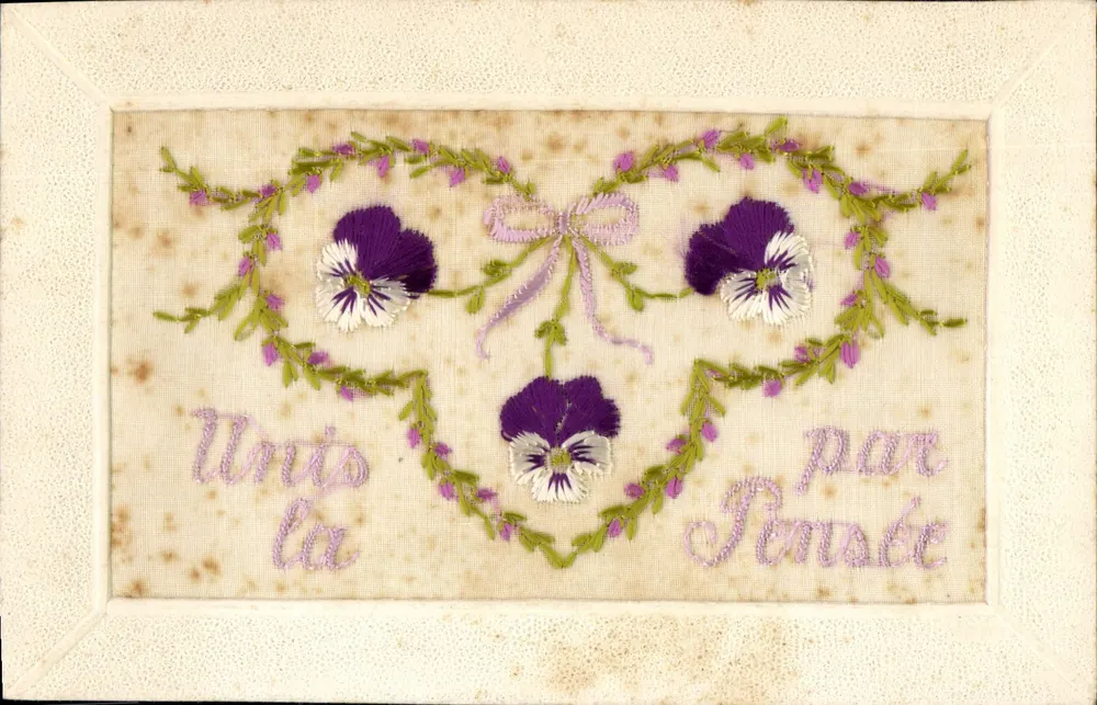 Pansies bordadas — Unis a Pensée por Pensée — carta postal de Lorgues - Frente