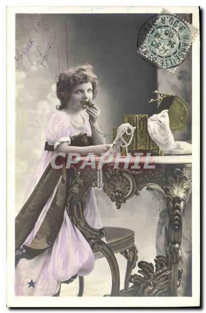 Menina em vestido rosa — brincando com contas — G. Piprot, Paris, Série N. 878 - Frente