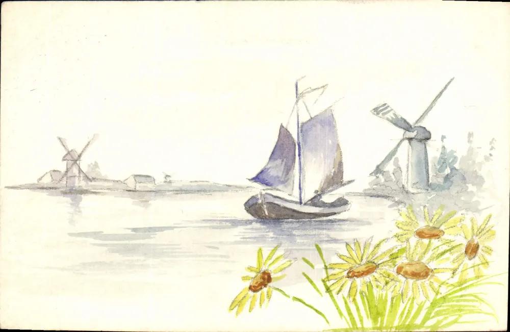 Niederländisches Landschaft — Windmühle, Segelboot, Sonnenblumen — Verleger MOUILLOT-MARSEILLE, Nr. 11 - Vorderseite