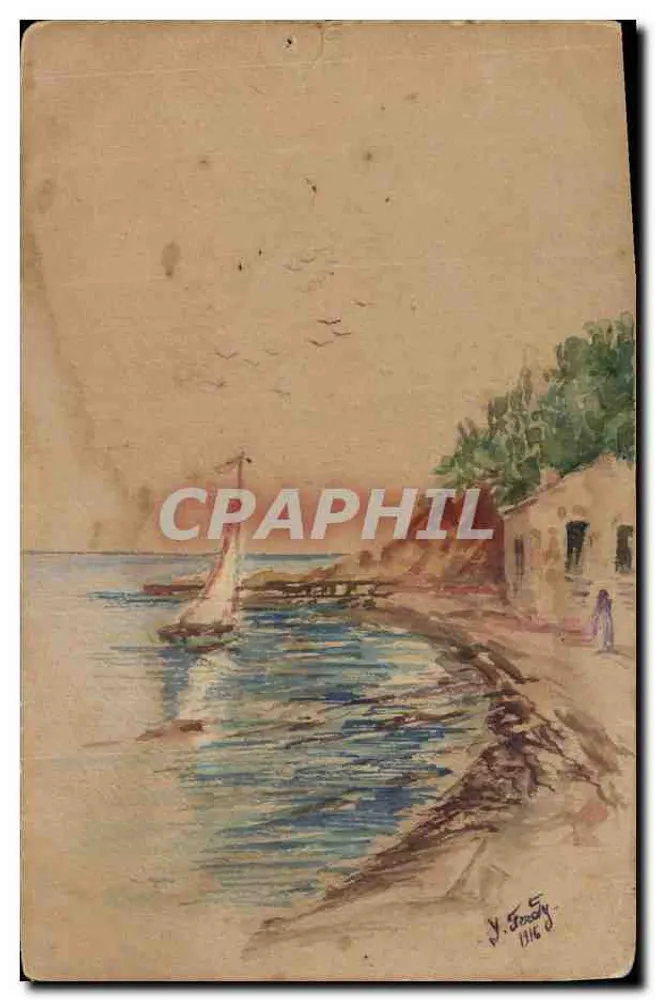 Aussicht auf einen Hafen — Aquarellmalerei — Y. Frensy, 1916 - Vorderseite