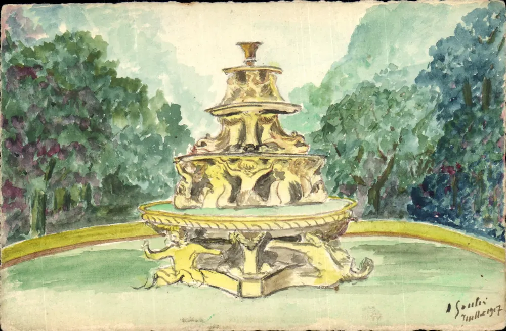 Ornamentale Fontäne — Aquarellzeichnung — A. Soulti Timbergeret - Vorderseite