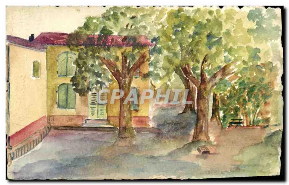 Landschaft mit gelbem Haus und Bäumen — Aquarell - Vorderseite