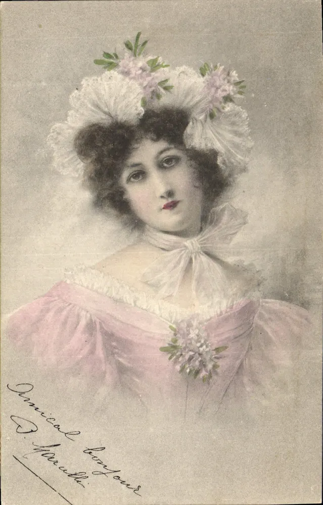 Junge Frau in einem rosa Kleid und blumigem Hut — D. Marulle — Nr. 67 - Vorderseite