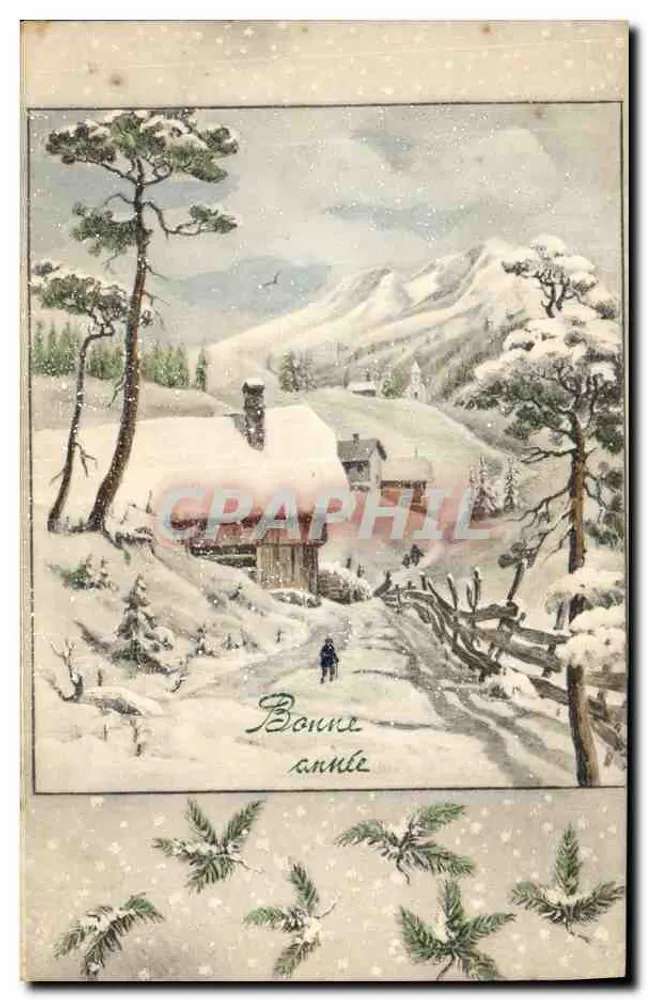 Winterlandschaft — schneebedeckte Berge, Haus und Pfad — Text 'Gutes Neues Jahr' — unbekannter Verlag - Vorderseite