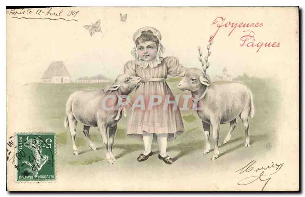 Mädchen mit zwei Lämmern — pastorale Szene — Verlag 'Maurin' n° 446 - Vorderseite
