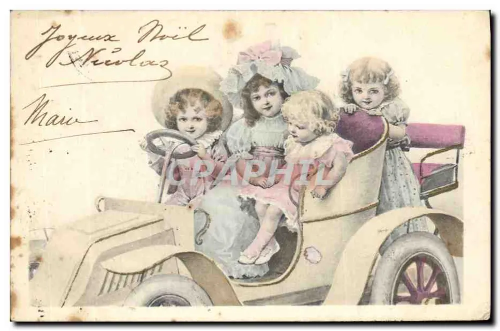 Quatre enfants dans une voiture — scène de Noël — éditeur A. B. Paris - Vorderseite