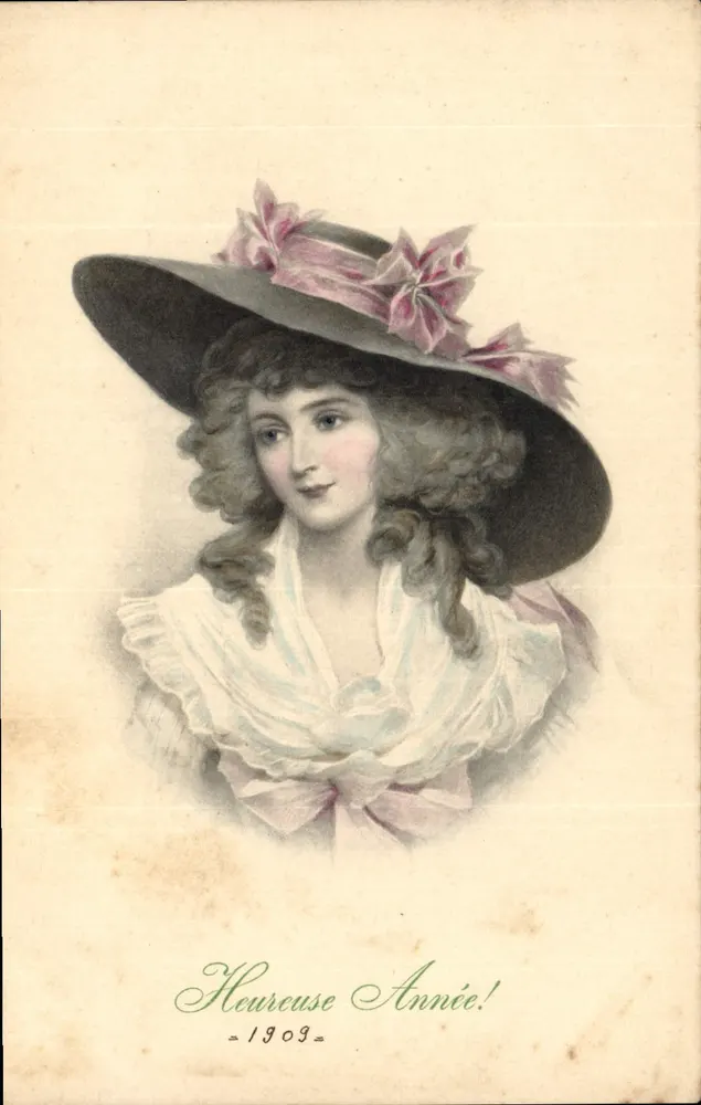 Junge Frau mit blumengeschmücktem Hut — Jahr 1909 — M. M. Vienne, Nr. 380 - Vorderseite