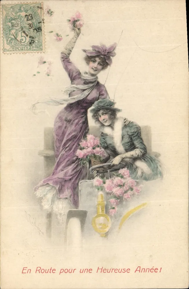 Zwei Frauen in historischem Kleid — Auf dem Weg zu einem glücklichen Jahr! — M. M. Vienne, Nr. 240 - Vorderseite