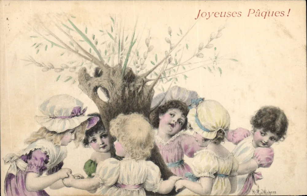 Kinder spielen um einen Baum — Frohe Ostern! — R. P. Wighera - Vorderseite