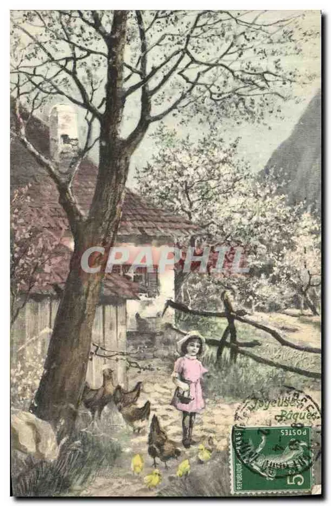 Mädchen mit Hühnern und Küken — ländlicher Landschaftsbild — Verlag Joyeuses Bâques - Vorderseite
