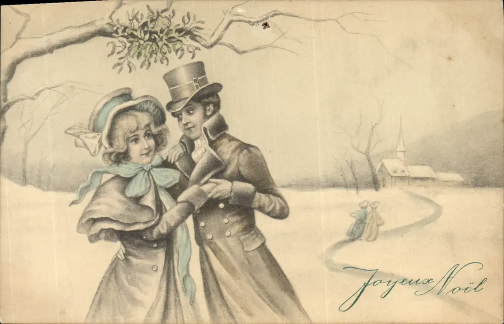 Paar in Winterkleidung unter dem Tannenbaum — Frohe Weihnachten — V.K. VIENNE 5017 - Vorderseite