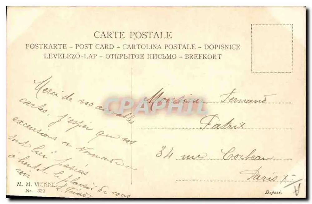 Junge Frau mit Punktiertem Hut, die einen Veilchentraum hält — M. M. Vienne, n° 322 - Rückseite
