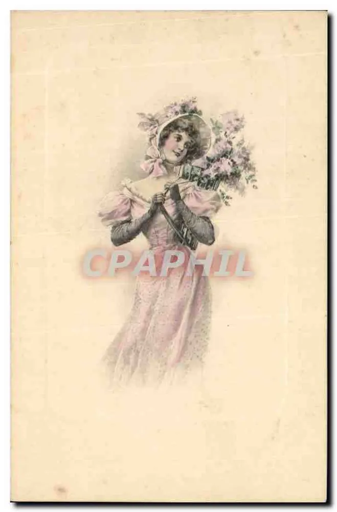 Frau in rosa Kleid mit Blumenstrauß — Verlag M. M. Wien, Nr. 276 - Vorderseite