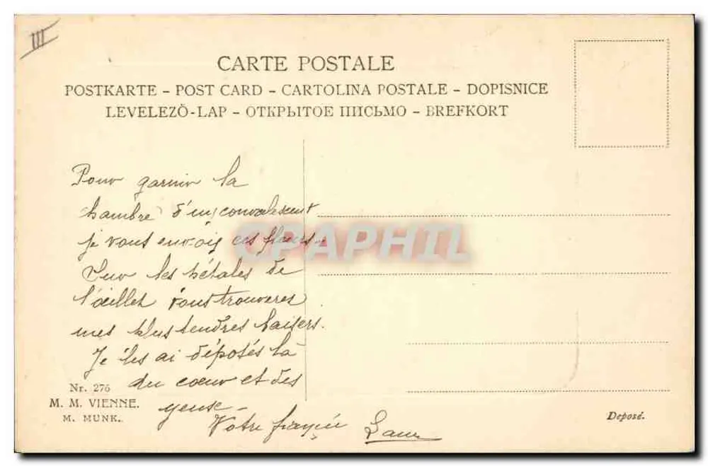 Frau in rosa Kleid mit Blumenstrauß — Verlag M. M. Wien, Nr. 276 - Rückseite