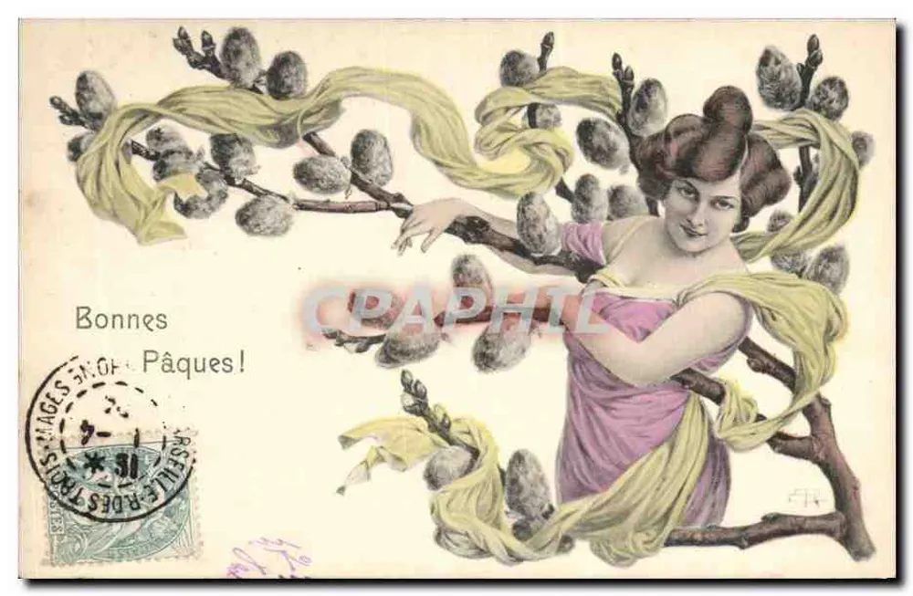 Frau umgeben von Weidenzweigen — Frohe Ostern! — Verlag: Images et Postes Trois-Rivières - Vorderseite