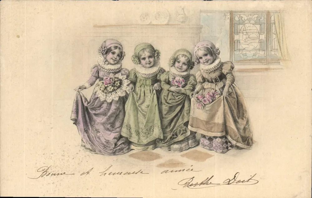 Quatro jovens moças em vestidos coloridos — editor M. M. Vienne, n° 292 - Frente