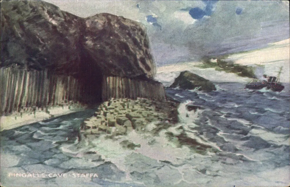 Fingal's Cave - Staffa — vista marítima com barco — editor desconhecido - Frente