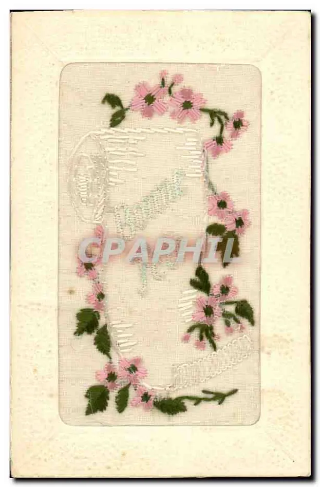 Carta de vœux bordada — flores rosas e folhagem — cerca de 1900 - Frente