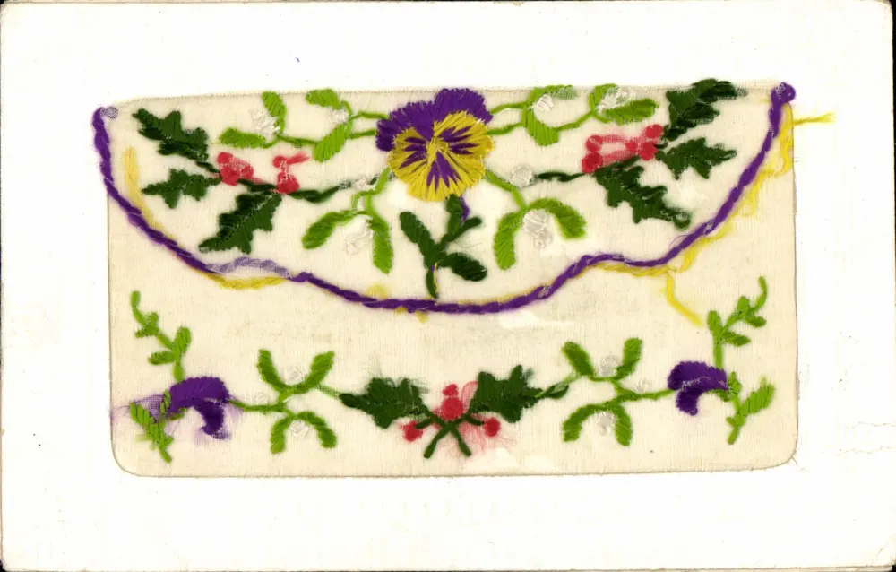Carta postal decorativa — motivo bordado de flores e folhagens — editor G. Paris - Frente