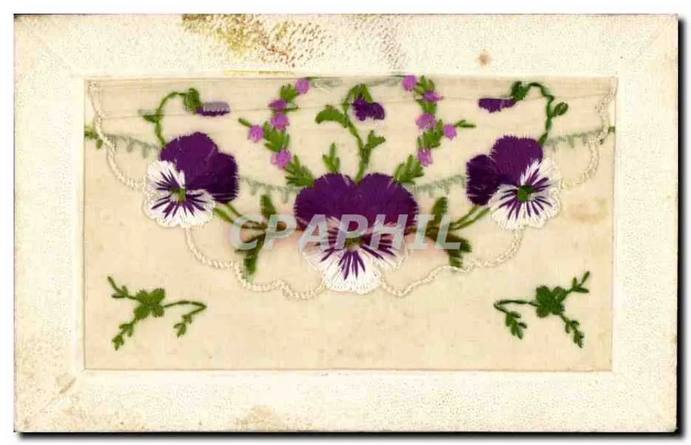 Flores bordadas — Embrulhos de violetas e lavanda — Carta postal antiga - Frente