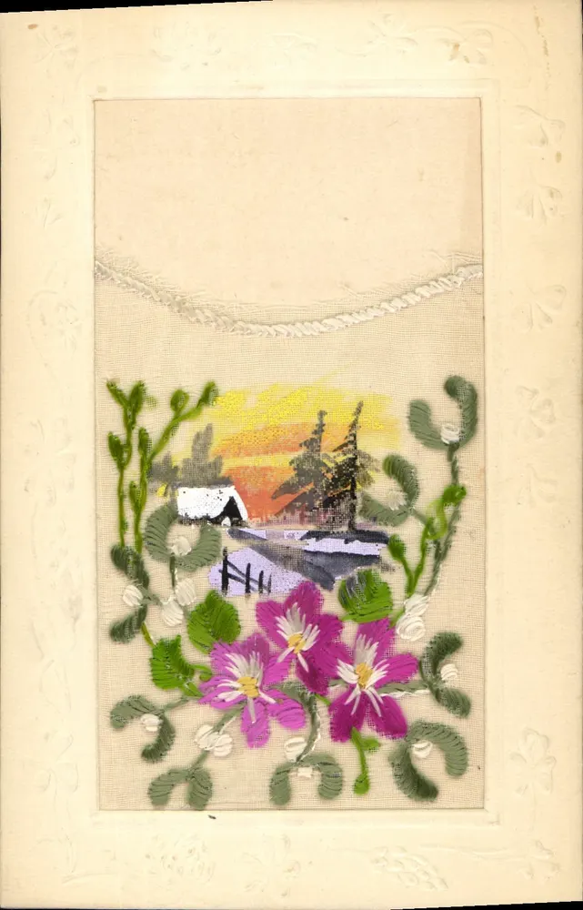 Paisagem de inverno com flores bordadas — F.P.C.L. — número de série não visível - Frente