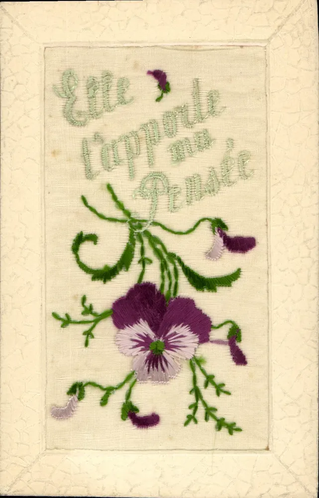 Flor de pensamento bordada — Ela traz minha Pensamento — carta postal antiga - Frente