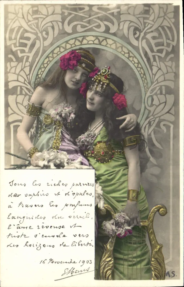 Duas jovens mulheres em traje oriental — Art nouveau — A.S. (editor, n° III) - Frente