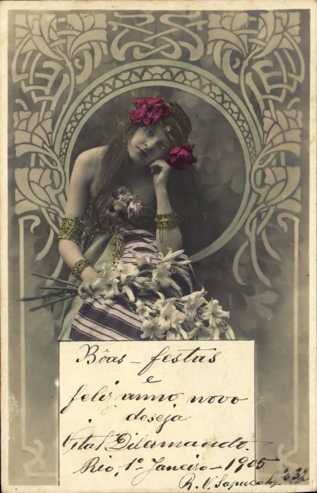Mulher em traje exótico — Bons festas e feliz ano novo — R. V. Samuco, n° 339 - Frente